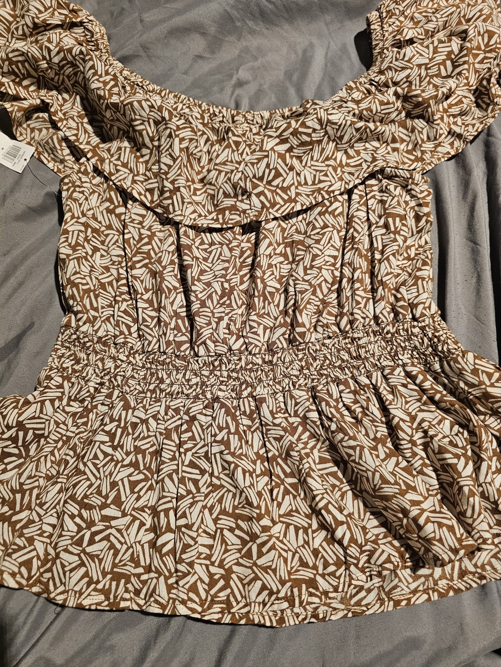 Old Navy Brown and White Printed Smocked-Waist Top